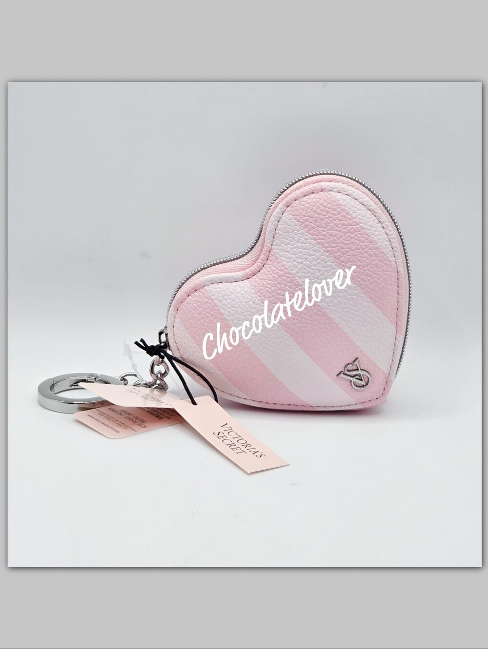 Victoria's Secret Iconic Pink Stripes Heart Pouch Keychain NWT!!